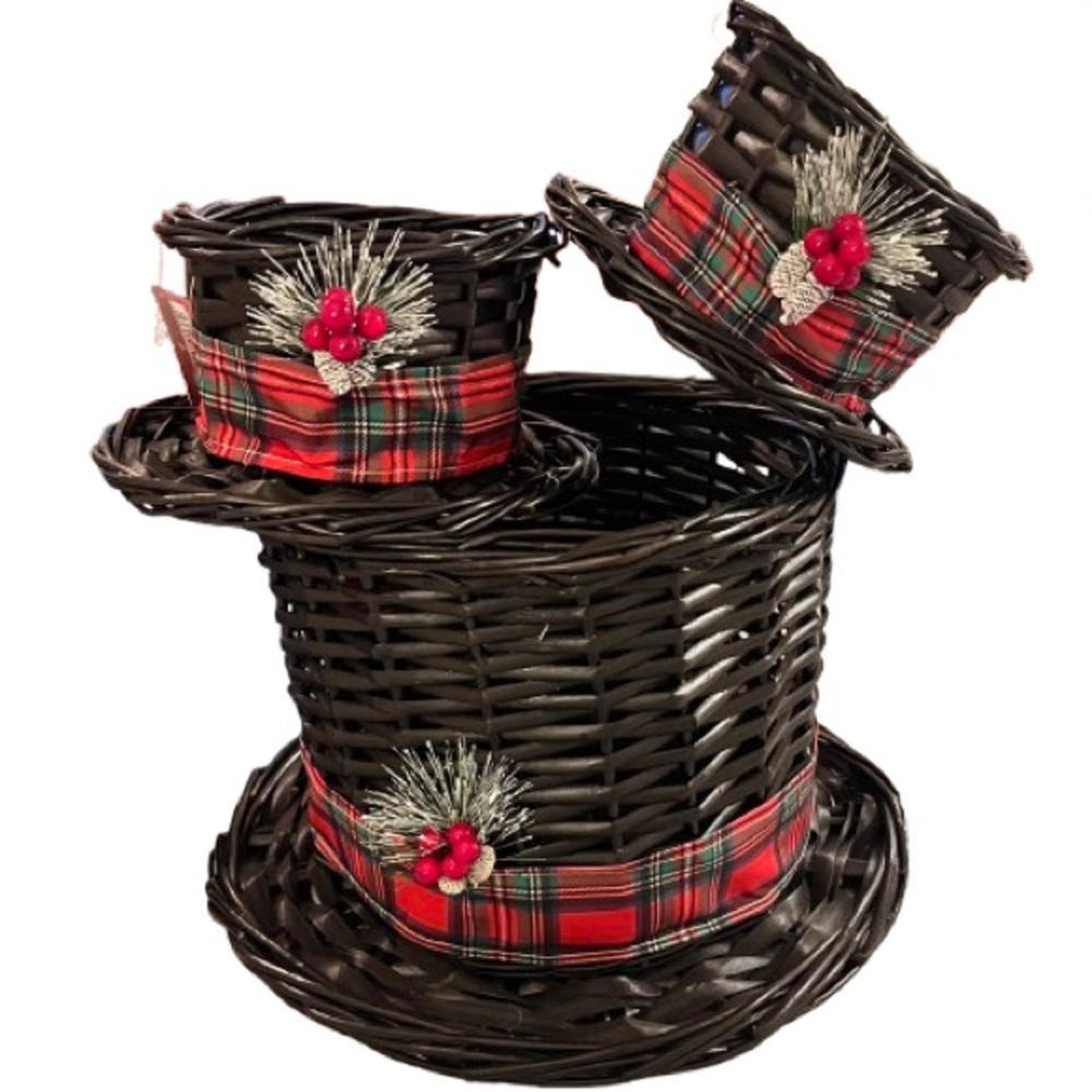 🆕- Set of 3-Snowman Hat Woven Wicker Baskets. NWT